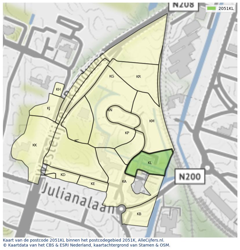 Afbeelding van het postcodegebied 2051 KL op de kaart.