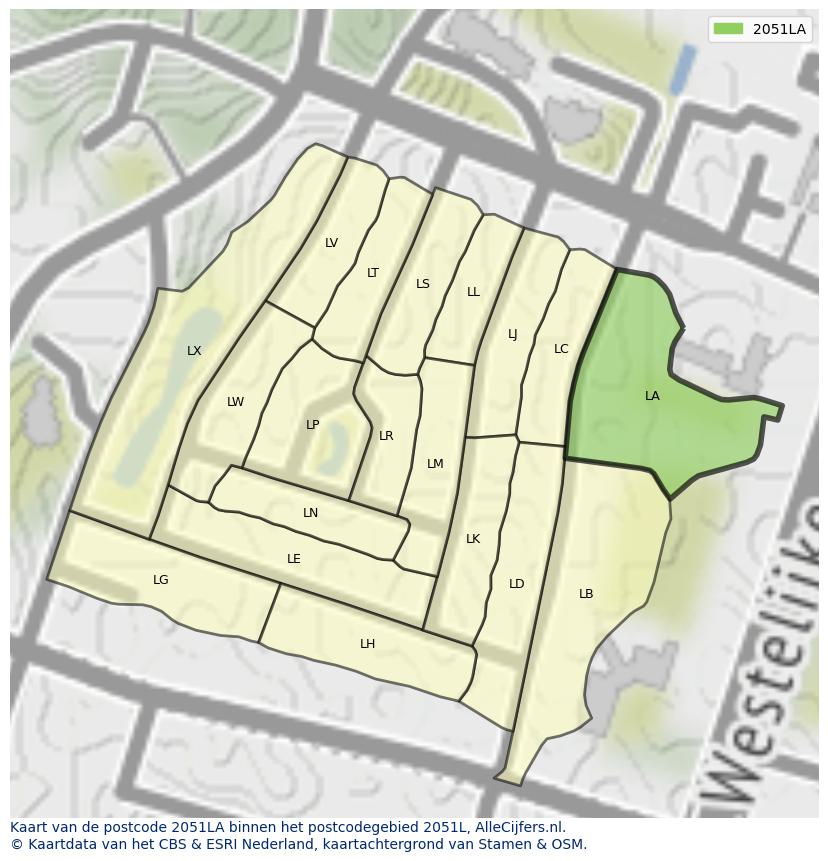 Afbeelding van het postcodegebied 2051 LA op de kaart.
