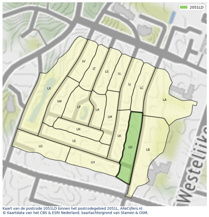 Afbeelding van het postcodegebied 2051 LD op de kaart.