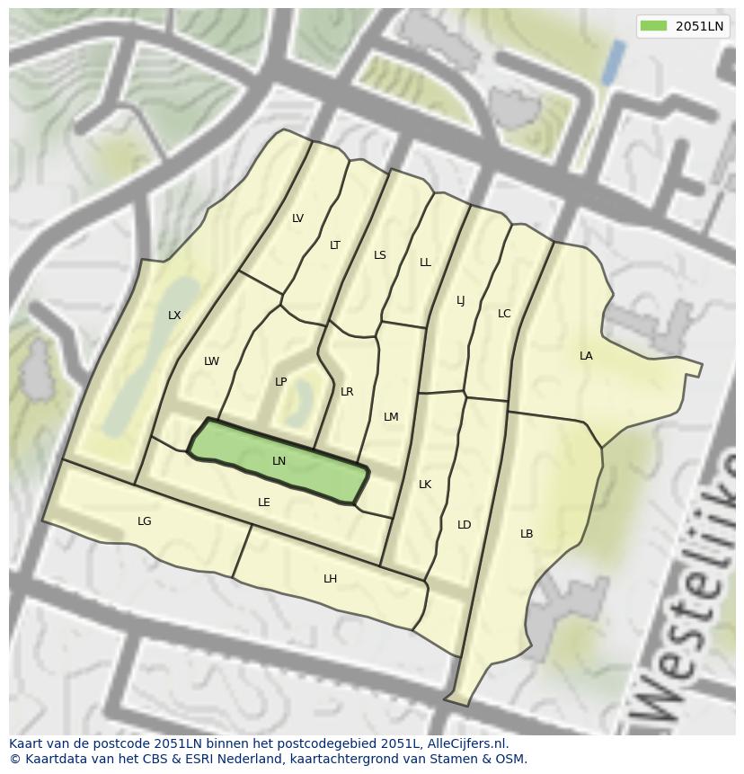 Afbeelding van het postcodegebied 2051 LN op de kaart.