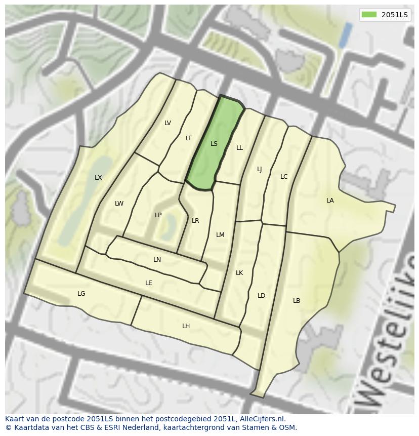 Afbeelding van het postcodegebied 2051 LS op de kaart.