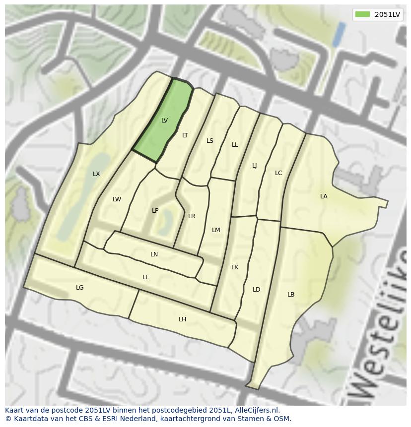 Afbeelding van het postcodegebied 2051 LV op de kaart.