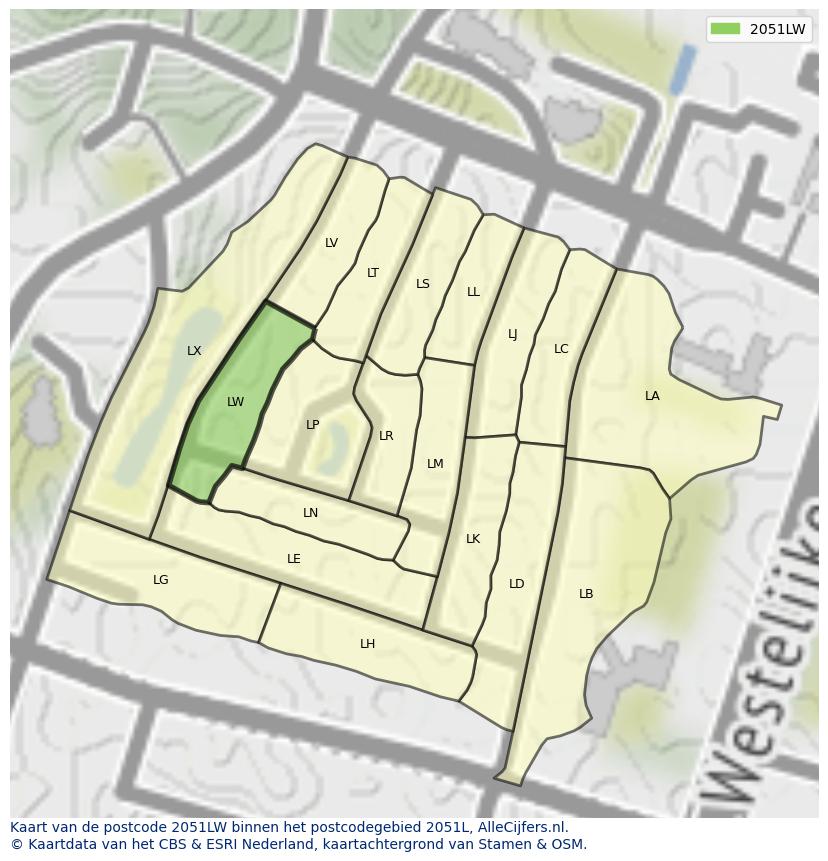 Afbeelding van het postcodegebied 2051 LW op de kaart.