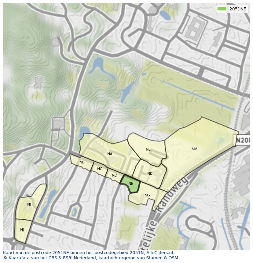 Afbeelding van het postcodegebied 2051 NE op de kaart.