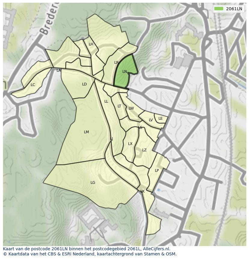 Afbeelding van het postcodegebied 2061 LN op de kaart.
