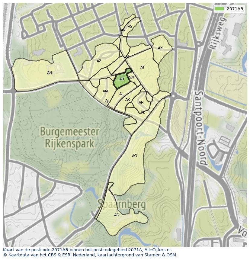 Afbeelding van het postcodegebied 2071 AR op de kaart.