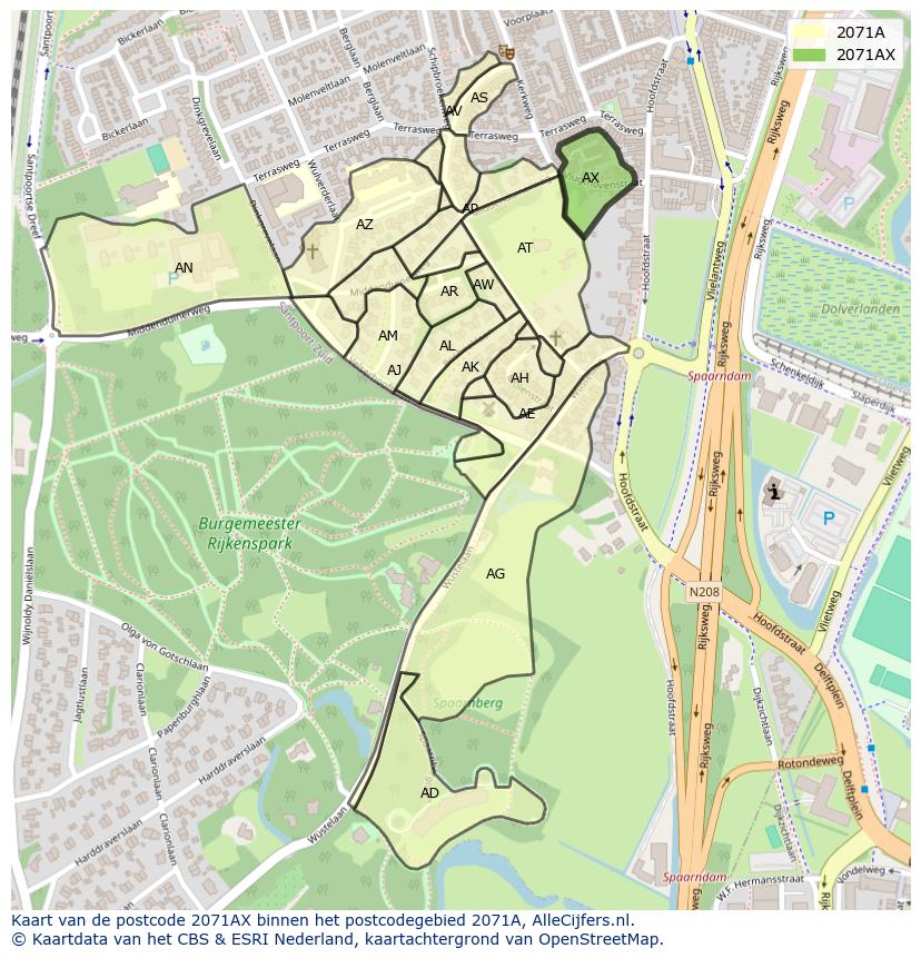 Afbeelding van het postcodegebied 2071 AX op de kaart.