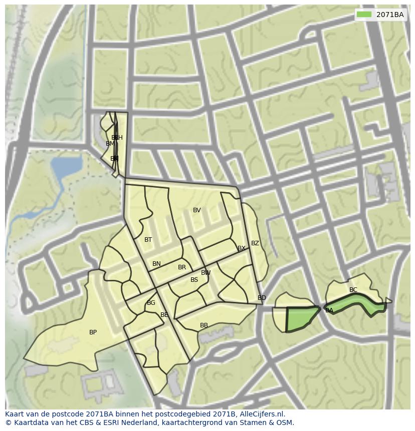 Afbeelding van het postcodegebied 2071 BA op de kaart.