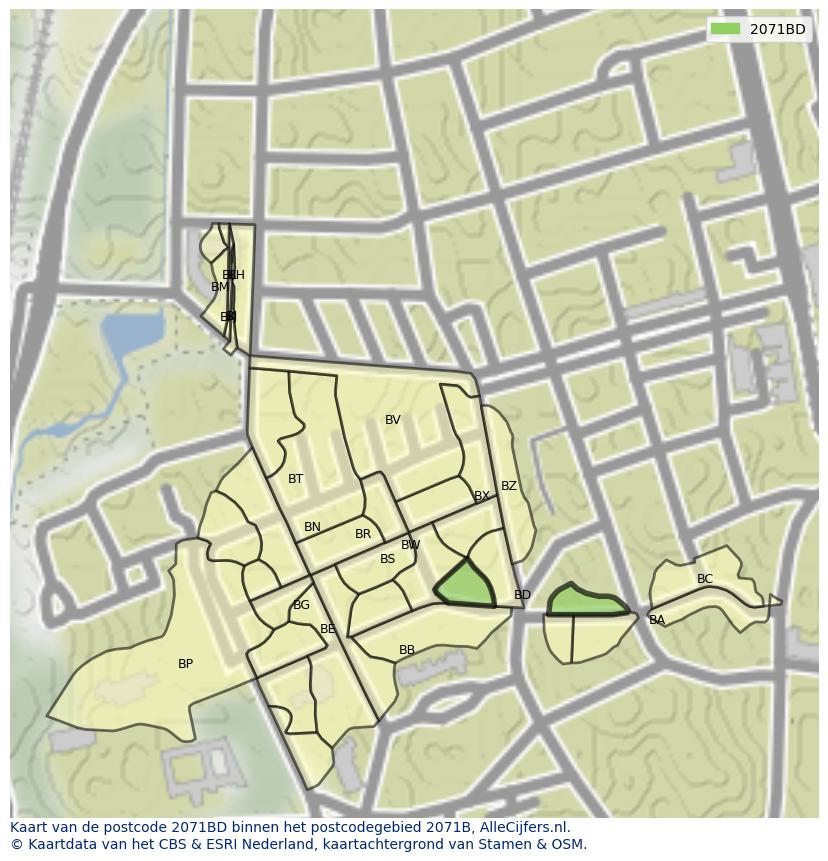 Afbeelding van het postcodegebied 2071 BD op de kaart.