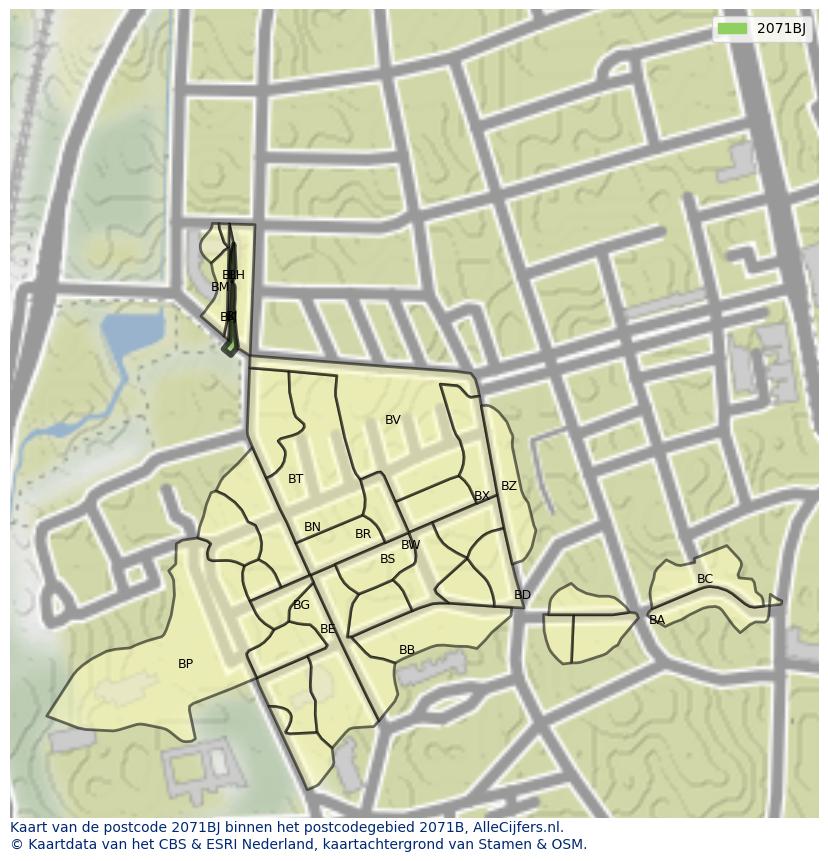 Afbeelding van het postcodegebied 2071 BJ op de kaart.