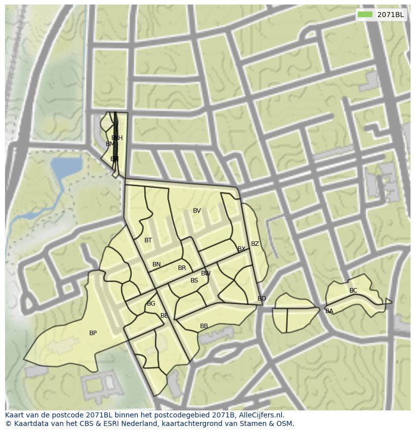 Afbeelding van het postcodegebied 2071 BL op de kaart.