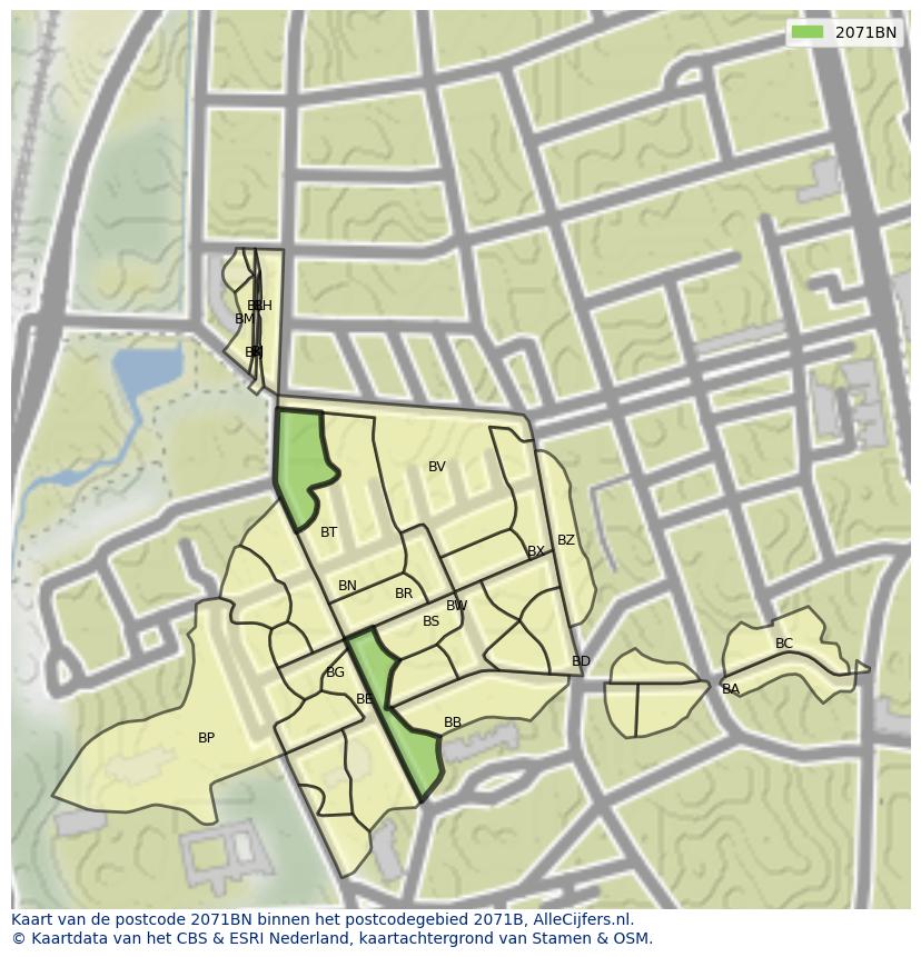 Afbeelding van het postcodegebied 2071 BN op de kaart.