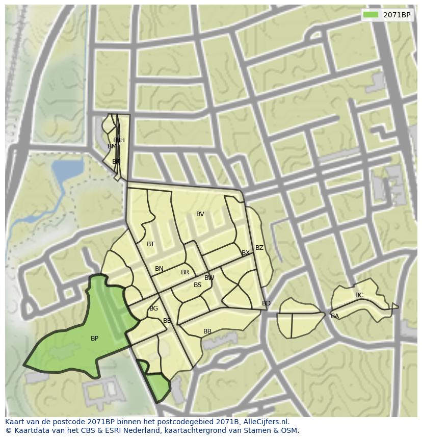 Afbeelding van het postcodegebied 2071 BP op de kaart.