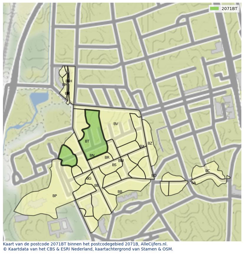 Afbeelding van het postcodegebied 2071 BT op de kaart.