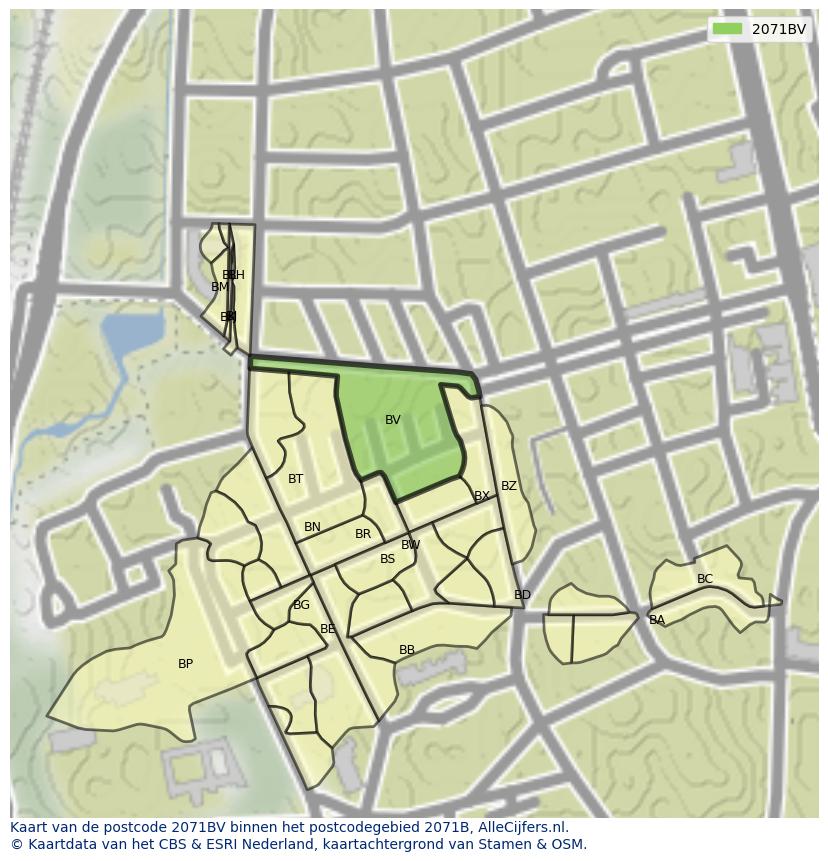 Afbeelding van het postcodegebied 2071 BV op de kaart.