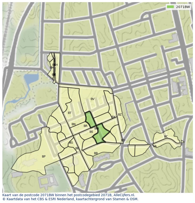 Afbeelding van het postcodegebied 2071 BW op de kaart.