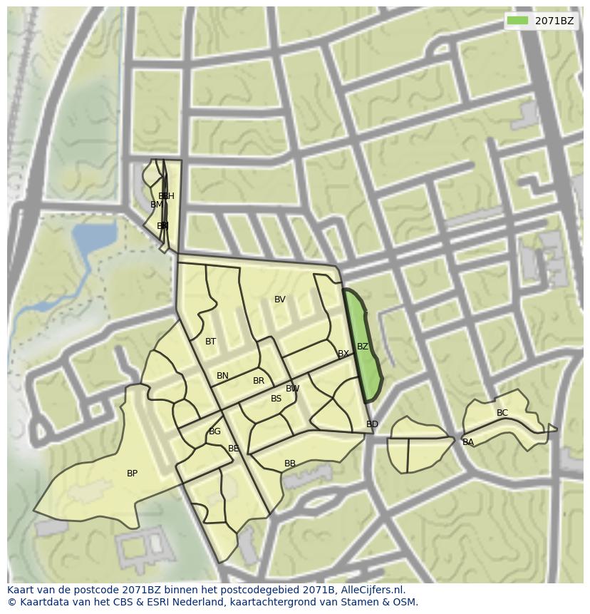 Afbeelding van het postcodegebied 2071 BZ op de kaart.