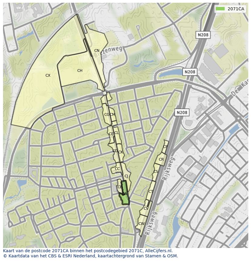 Afbeelding van het postcodegebied 2071 CA op de kaart.