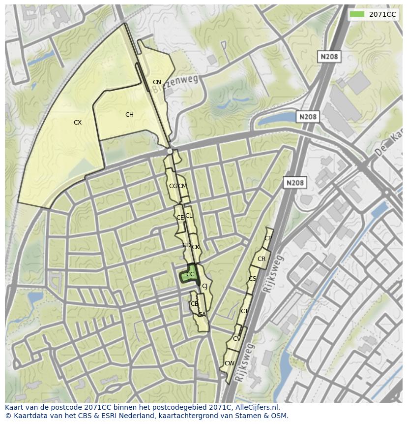 Afbeelding van het postcodegebied 2071 CC op de kaart.