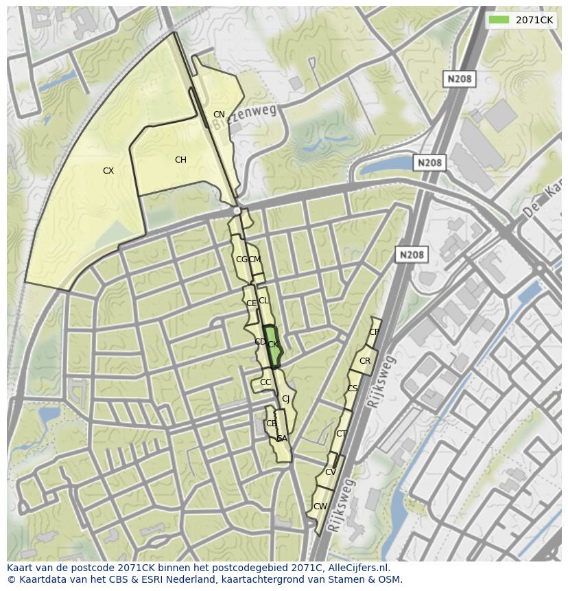 Afbeelding van het postcodegebied 2071 CK op de kaart.
