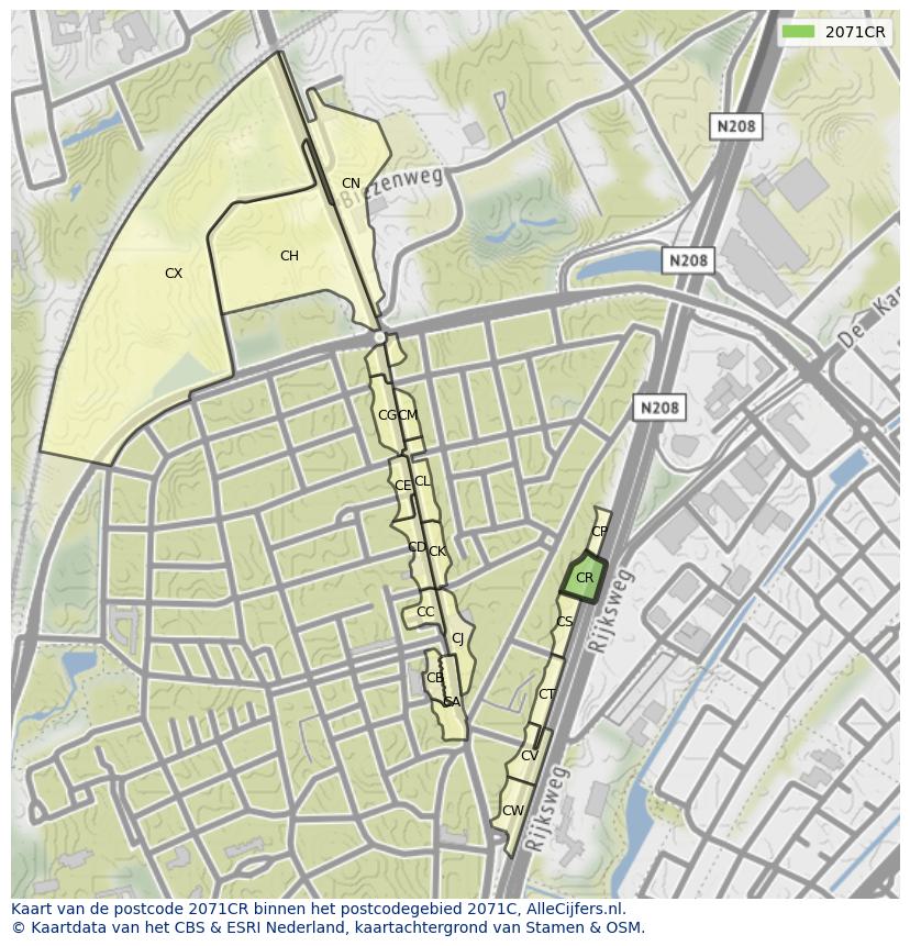 Afbeelding van het postcodegebied 2071 CR op de kaart.