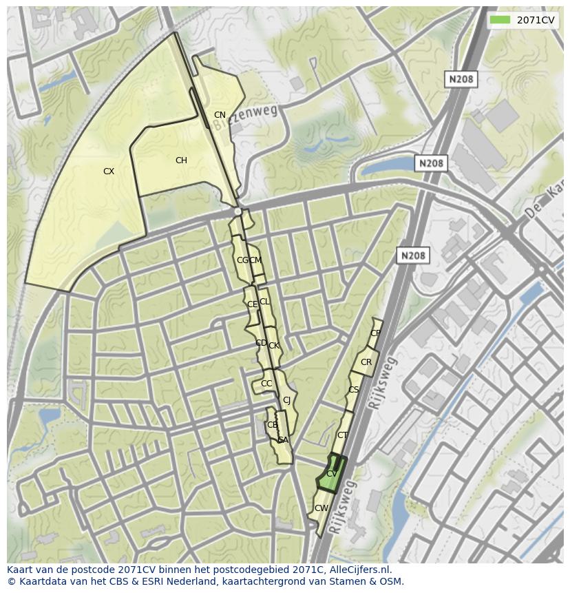 Afbeelding van het postcodegebied 2071 CV op de kaart.