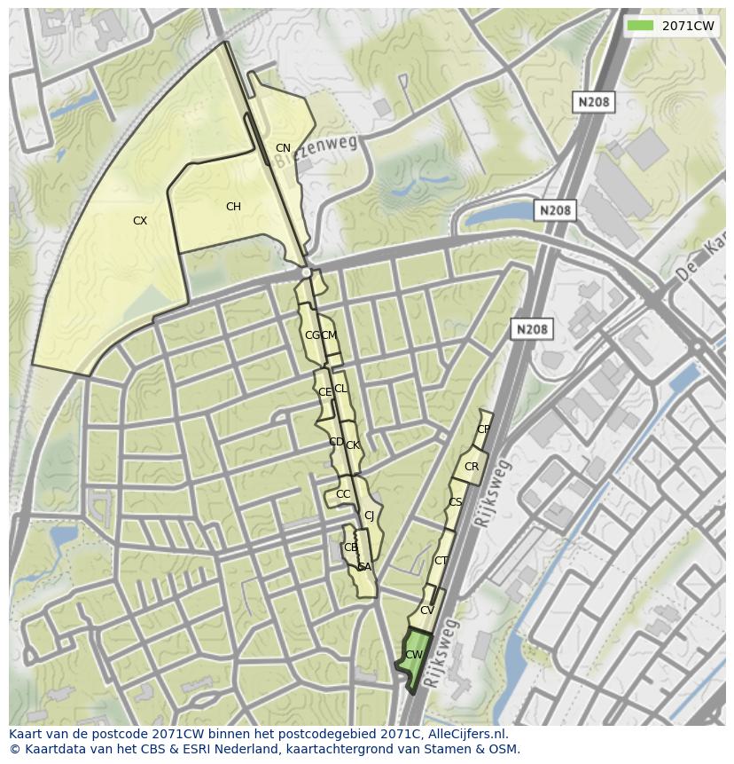 Afbeelding van het postcodegebied 2071 CW op de kaart.