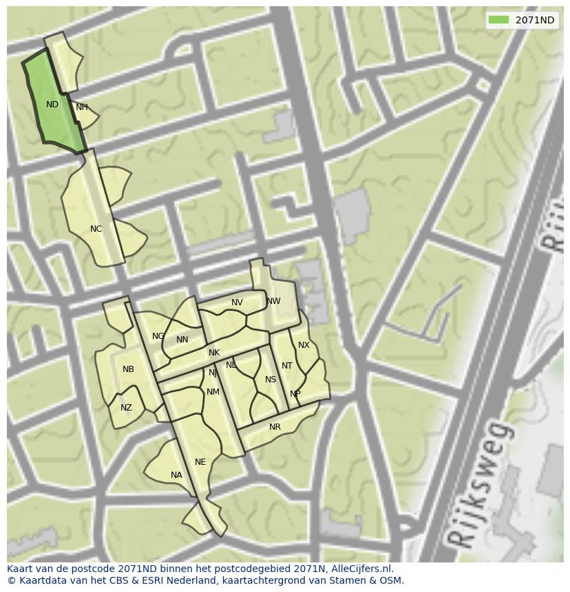 Afbeelding van het postcodegebied 2071 ND op de kaart.