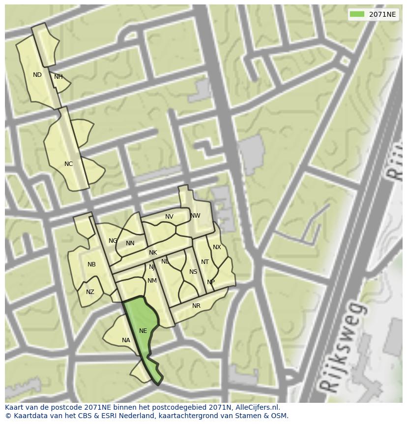 Afbeelding van het postcodegebied 2071 NE op de kaart.
