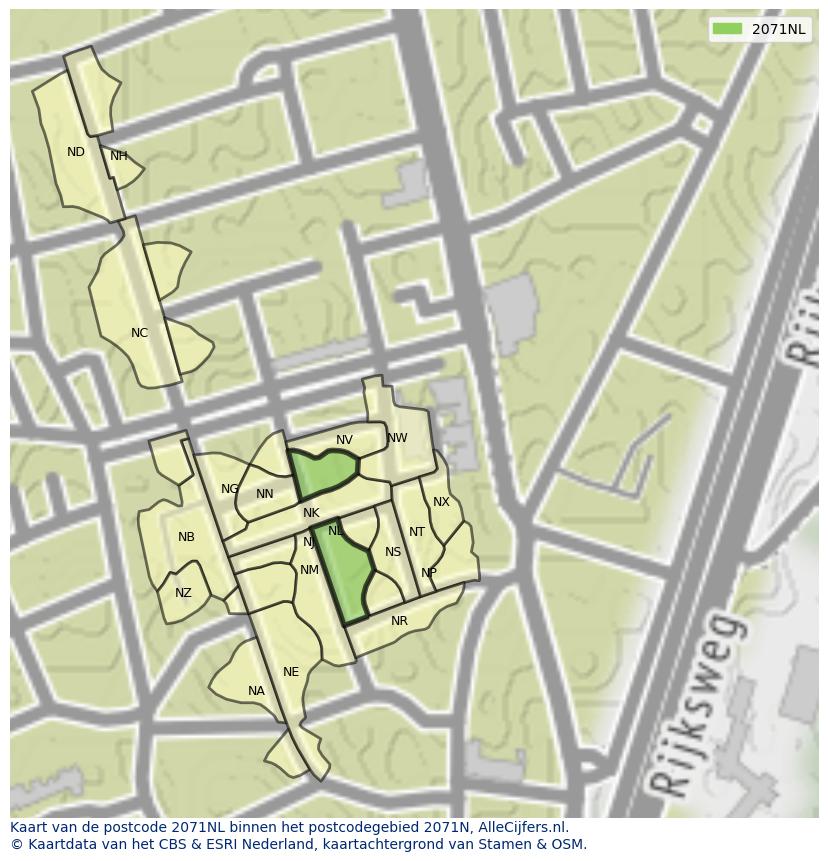 Afbeelding van het postcodegebied 2071 NL op de kaart.