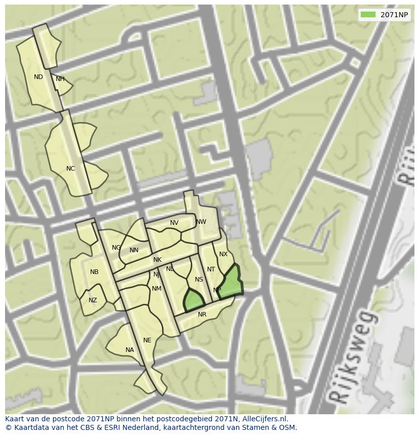 Afbeelding van het postcodegebied 2071 NP op de kaart.