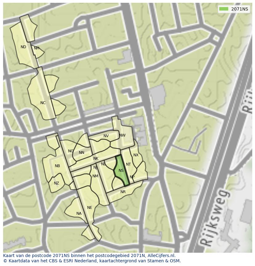 Afbeelding van het postcodegebied 2071 NS op de kaart.