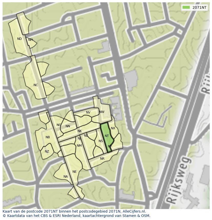 Afbeelding van het postcodegebied 2071 NT op de kaart.
