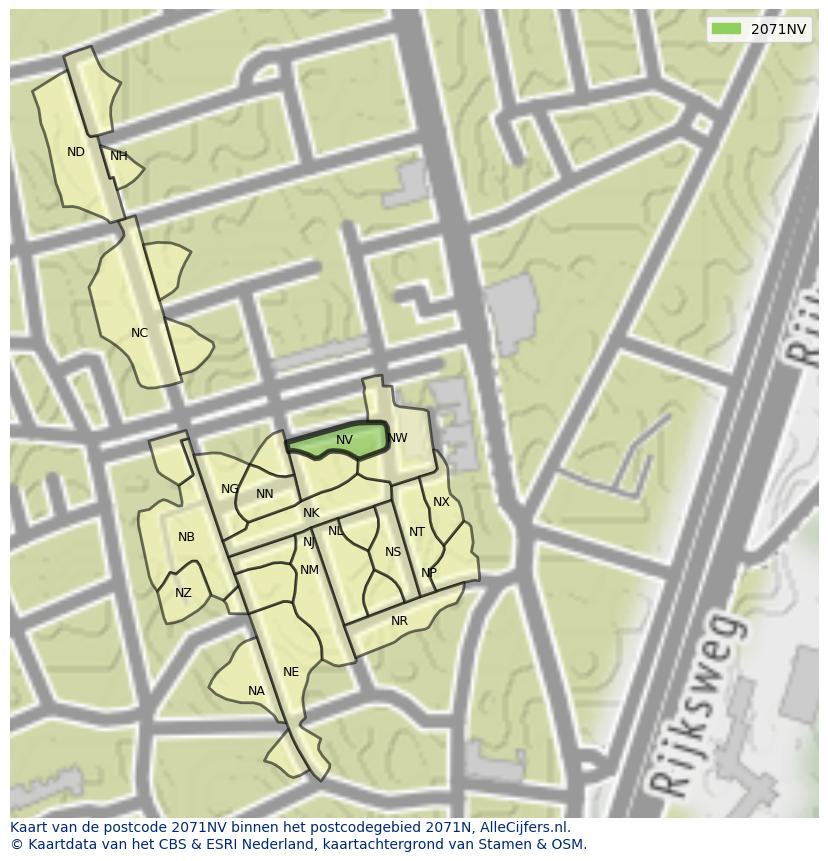 Afbeelding van het postcodegebied 2071 NV op de kaart.