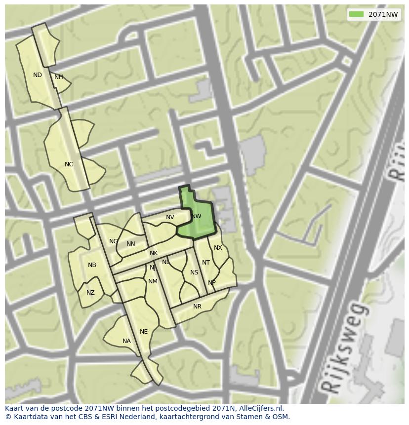 Afbeelding van het postcodegebied 2071 NW op de kaart.
