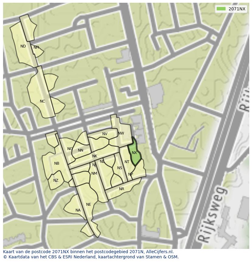Afbeelding van het postcodegebied 2071 NX op de kaart.