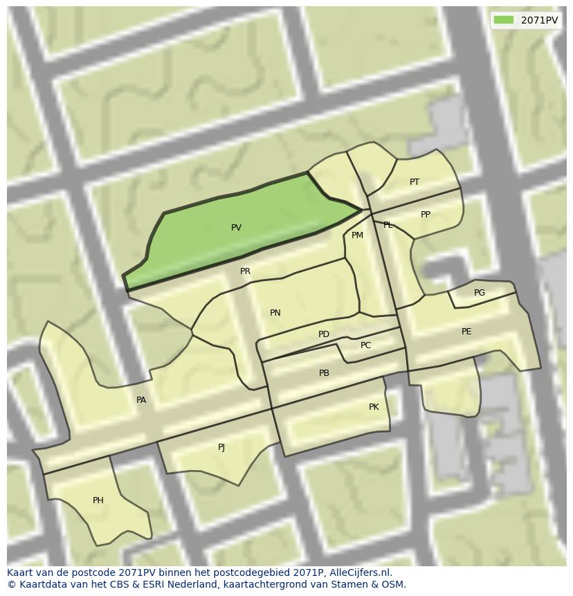 Afbeelding van het postcodegebied 2071 PV op de kaart.