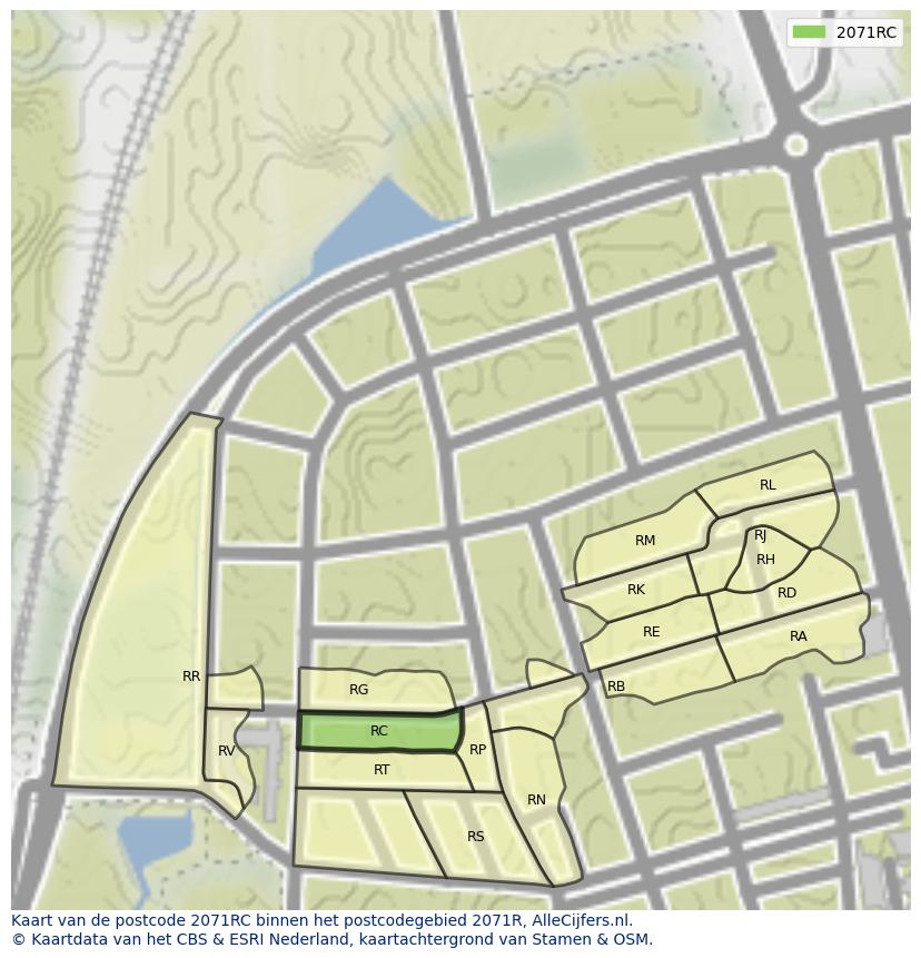 Afbeelding van het postcodegebied 2071 RC op de kaart.