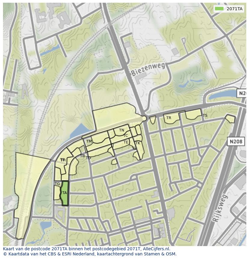 Afbeelding van het postcodegebied 2071 TA op de kaart.