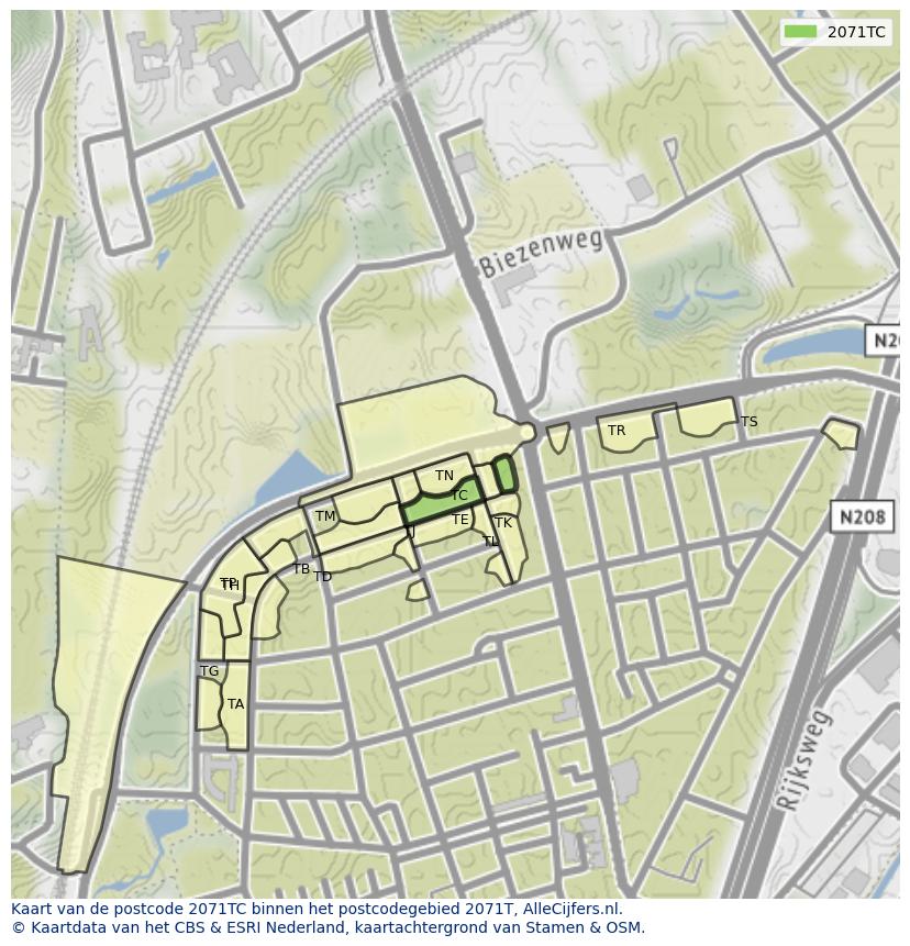 Afbeelding van het postcodegebied 2071 TC op de kaart.