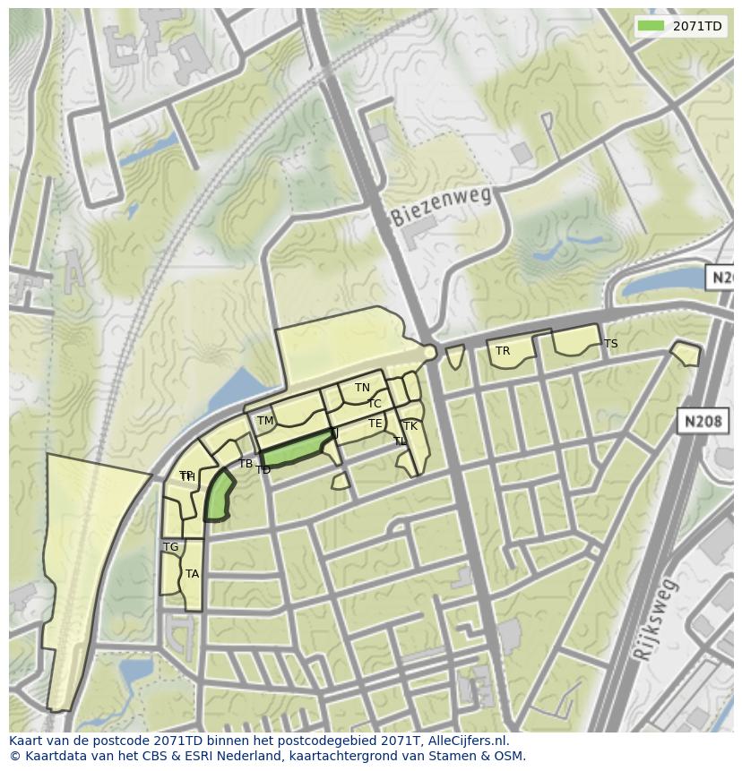 Afbeelding van het postcodegebied 2071 TD op de kaart.