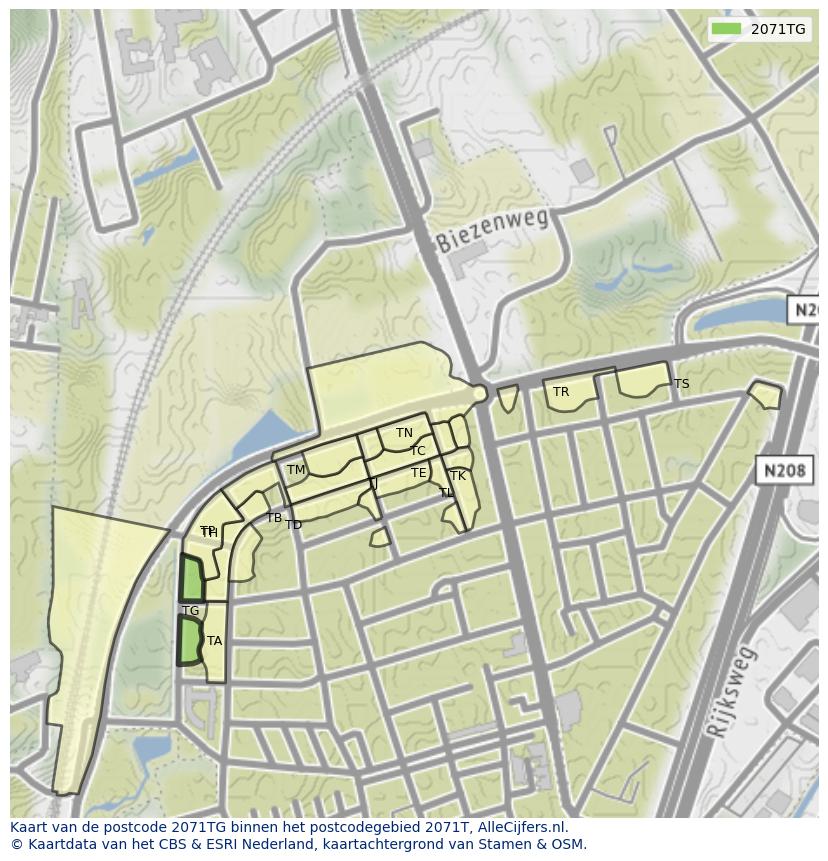 Afbeelding van het postcodegebied 2071 TG op de kaart.