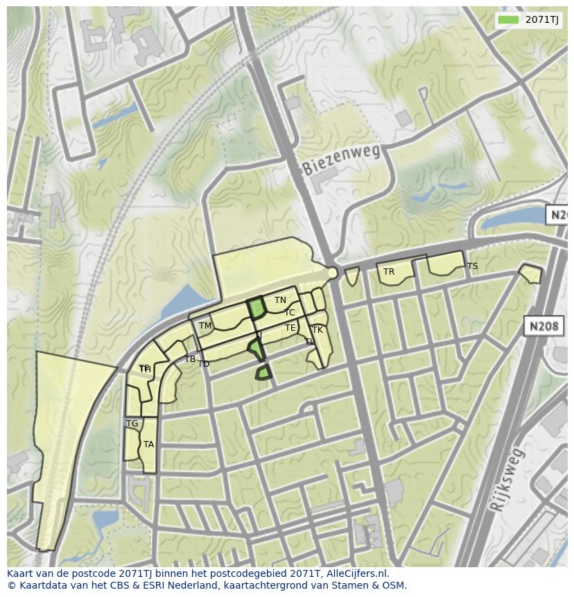Afbeelding van het postcodegebied 2071 TJ op de kaart.