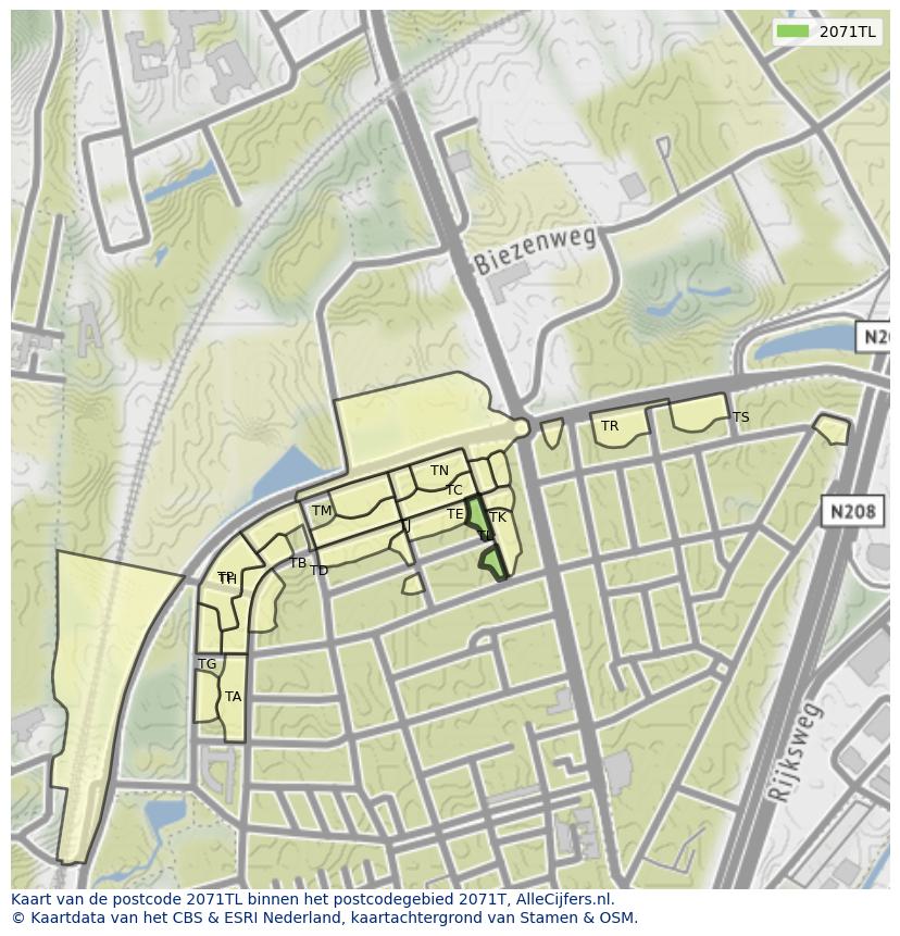 Afbeelding van het postcodegebied 2071 TL op de kaart.