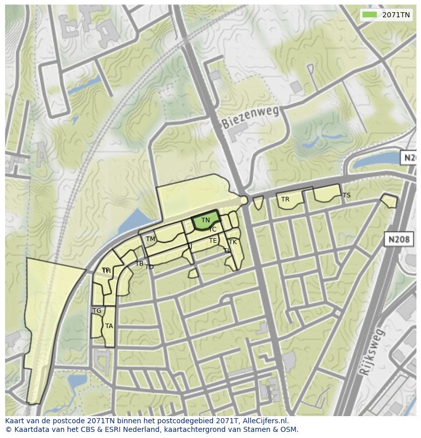 Afbeelding van het postcodegebied 2071 TN op de kaart.