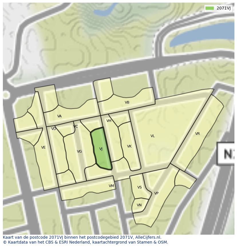 Afbeelding van het postcodegebied 2071 VJ op de kaart.