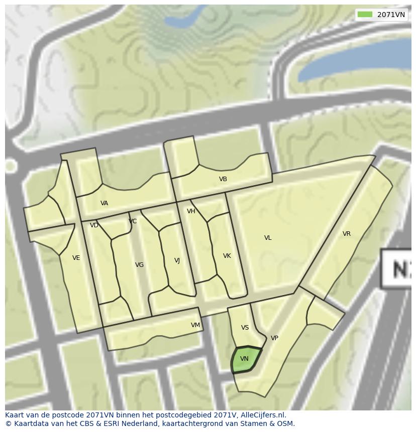 Afbeelding van het postcodegebied 2071 VN op de kaart.