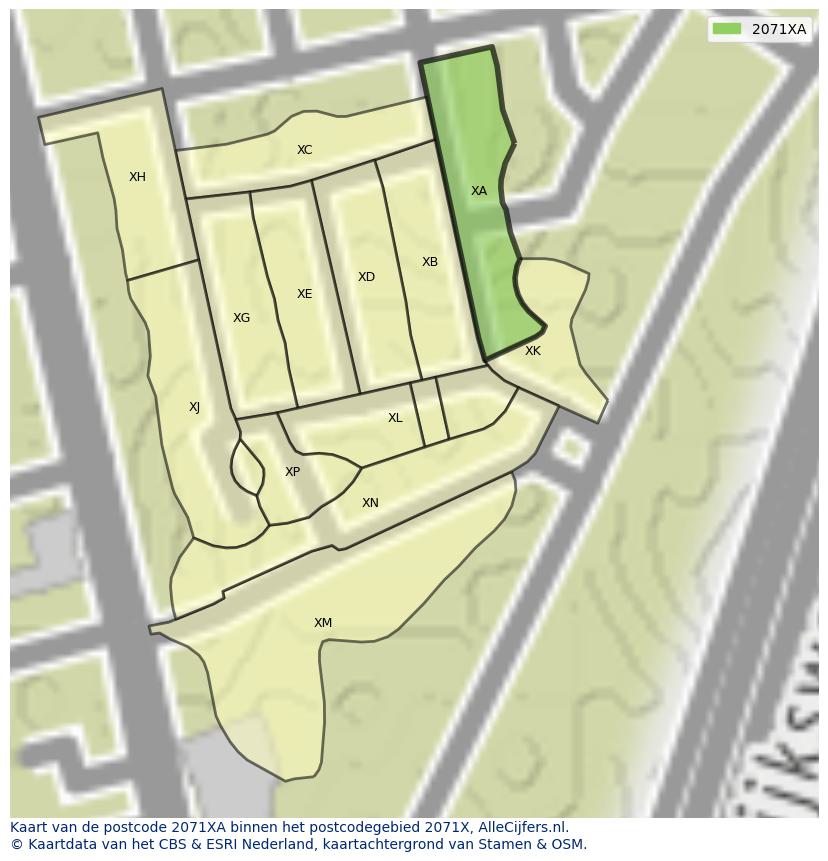 Afbeelding van het postcodegebied 2071 XA op de kaart.