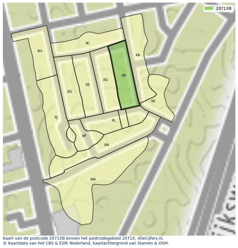 Afbeelding van het postcodegebied 2071 XB op de kaart.