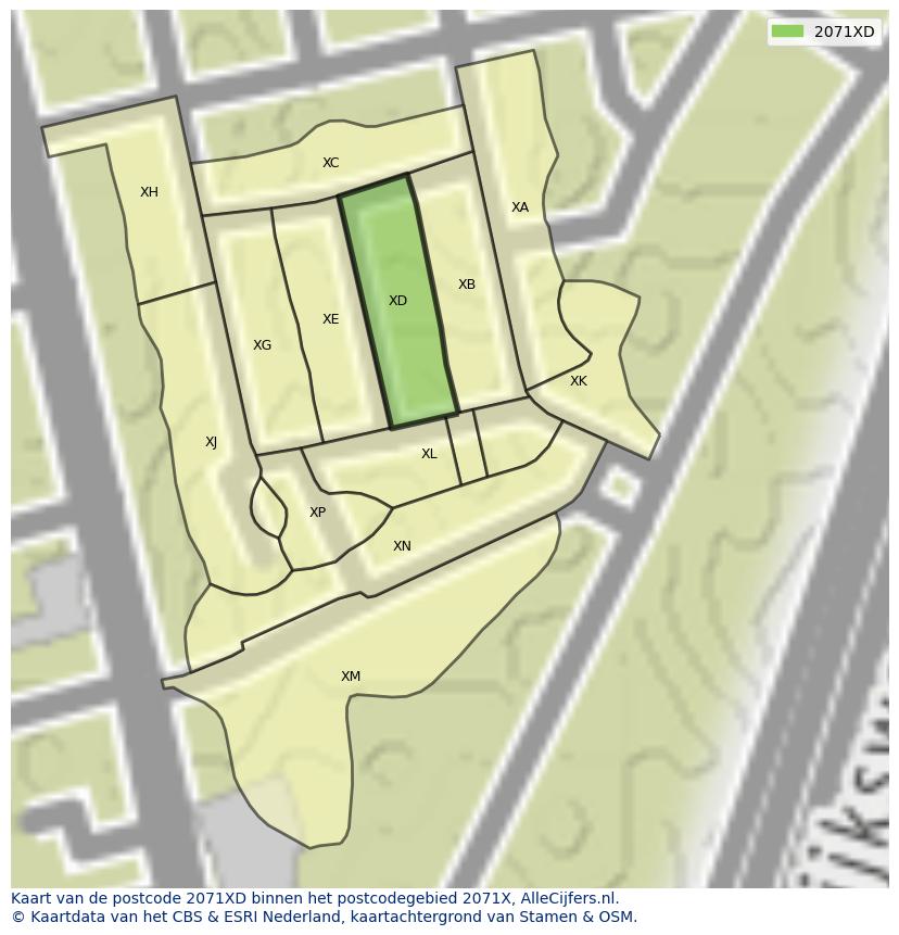 Afbeelding van het postcodegebied 2071 XD op de kaart.